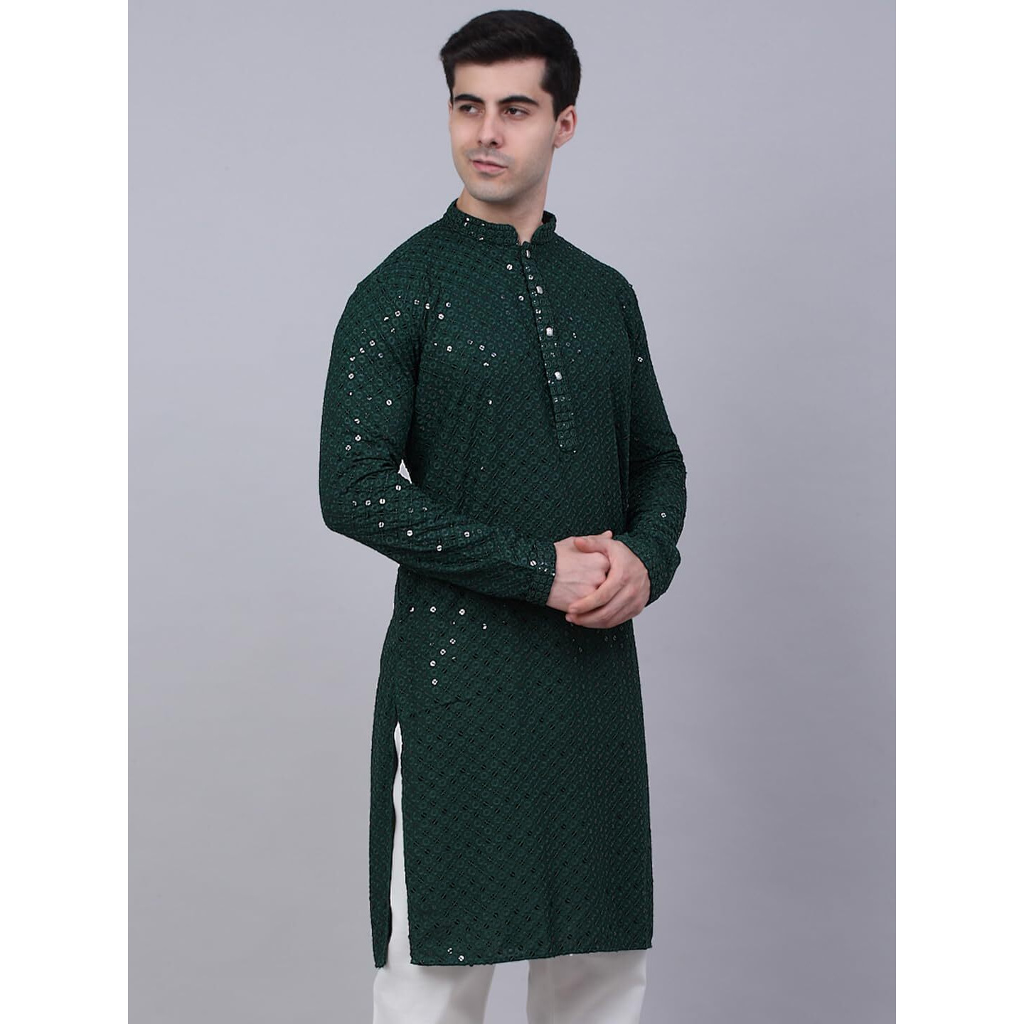 Jompers Men's Chikankari Embroidered And Sequence Kurtas (Olive, S)