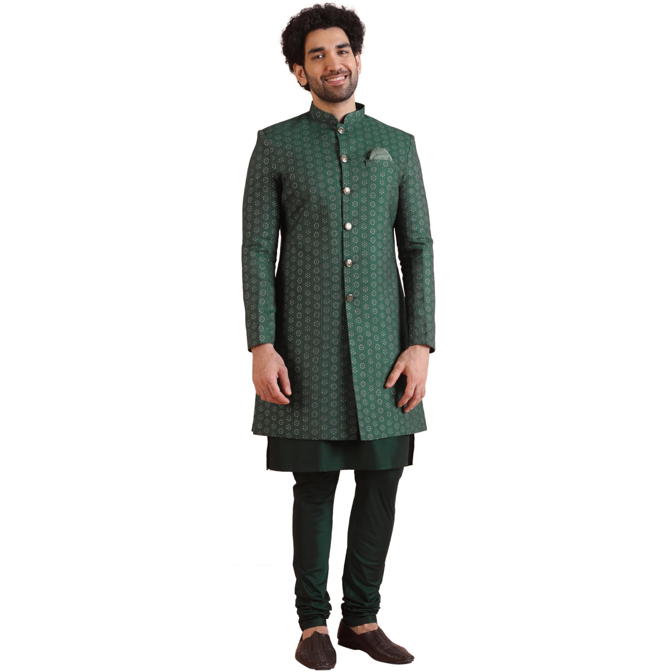 Kisah Kurta Sherwani Set For Men  Silk Blend Jacquard Textured Indo Western Kurta With Churidar | Designer Ethnic Outfit For Weddings & Festivals, Green, 40