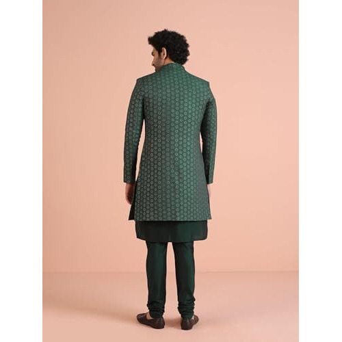 Kisah Kurta Sherwani Set For Men  Silk Blend Jacquard Textured Indo Western Kurta With Churidar | Designer Ethnic Outfit For Weddings & Festivals, Green, 40