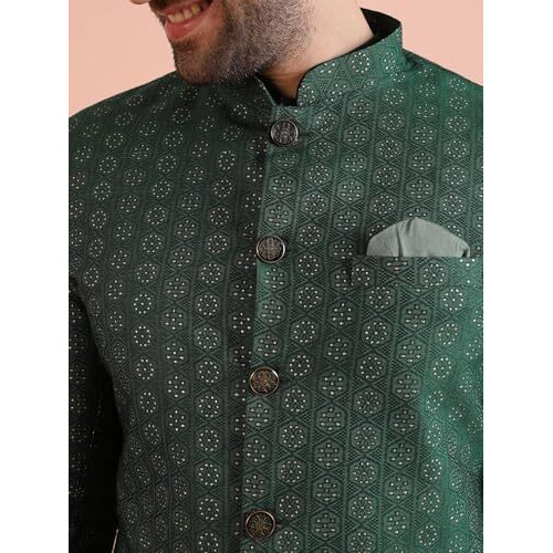 Kisah Kurta Sherwani Set For Men  Silk Blend Jacquard Textured Indo Western Kurta With Churidar | Designer Ethnic Outfit For Weddings & Festivals, Green, 40