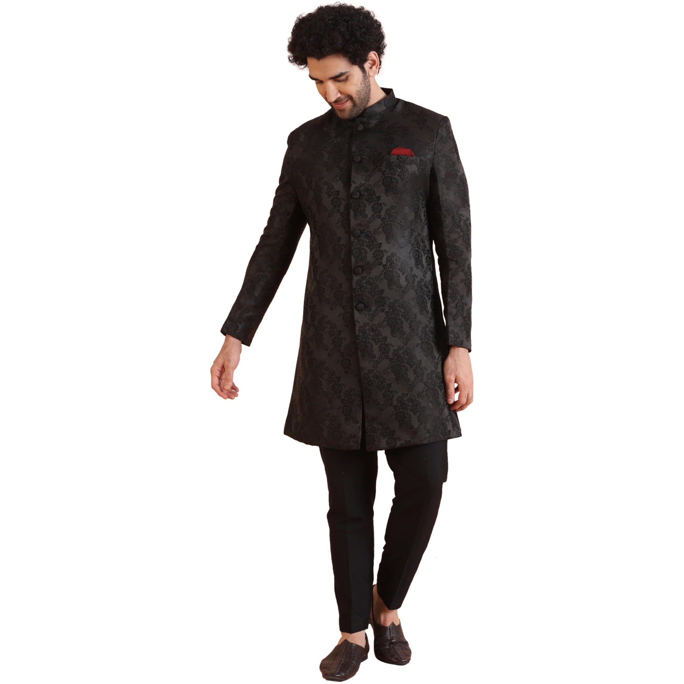 Kisah Men's Indo-Western Sherwani Trouser Set, Black Silk Blend, Jacquard Regular Fit Mandarin Collar Long Sleeves (M)