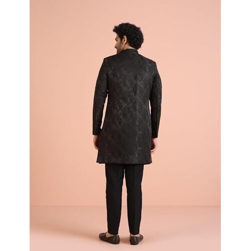 Kisah Men's Indo-Western Sherwani Trouser Set, Black Silk Blend, Jacquard Regular Fit Mandarin Collar Long Sleeves (M)