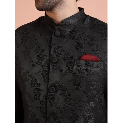 Kisah Men's Indo-Western Sherwani Trouser Set, Black Silk Blend, Jacquard Regular Fit Mandarin Collar Long Sleeves (M)