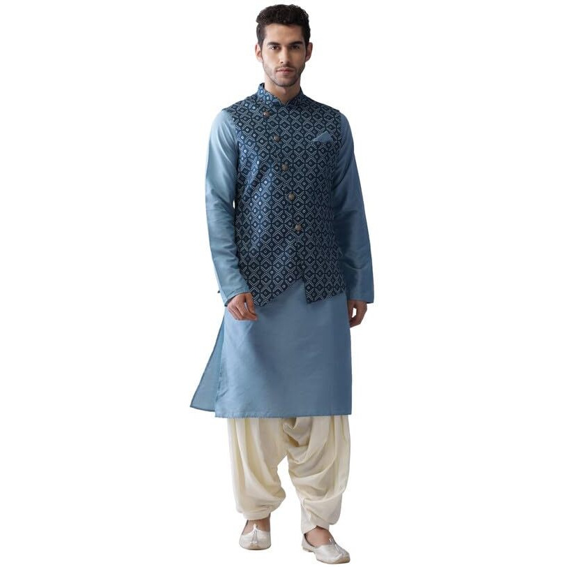 Kisah Mens Kurta Jacket Dhoti Set, Cotton Blend Printed Mandarin Collar Long Sleeves, Blue Ethnic Wear Set For Men, 44