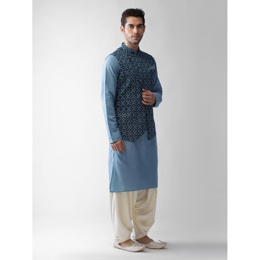 Kisah Mens Kurta Jacket Dhoti Set, Cotton Blend Printed Mandarin Collar Long Sleeves, Blue Ethnic Wear Set For Men, 44