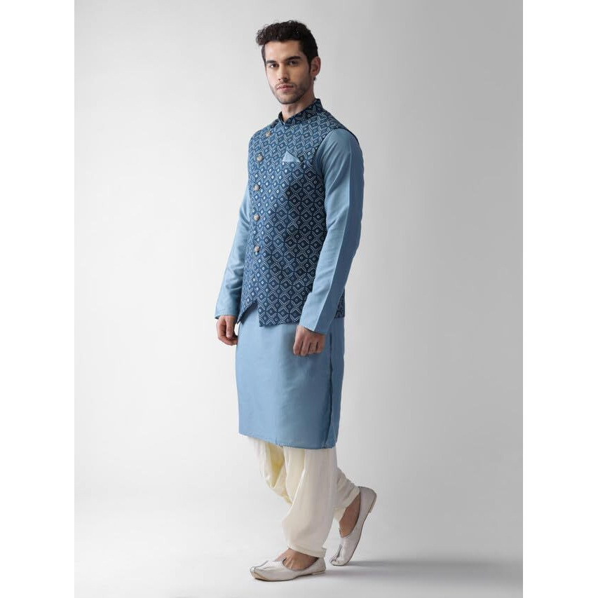 Kisah Mens Kurta Jacket Dhoti Set, Cotton Blend Printed Mandarin Collar Long Sleeves, Blue Ethnic Wear Set For Men, 44