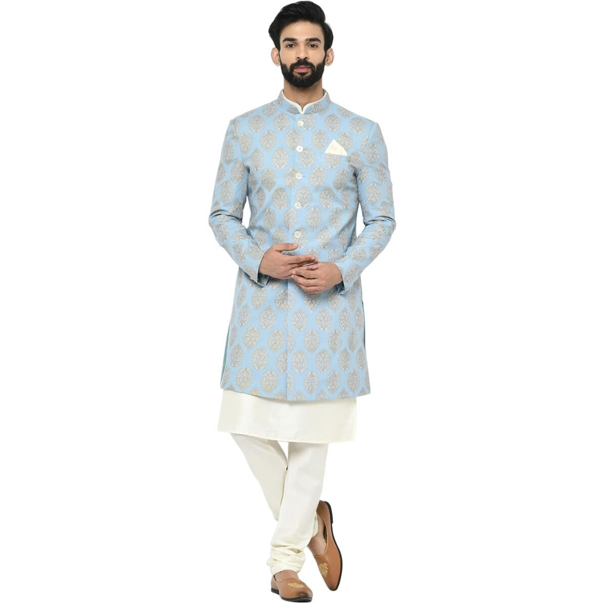 Kurta Sherwani Set For Men  Cotton Blend Printed Indo Western Kurta With Churidar | Designer Ethnic Outfit For Weddings & Festivals, Blue, 44