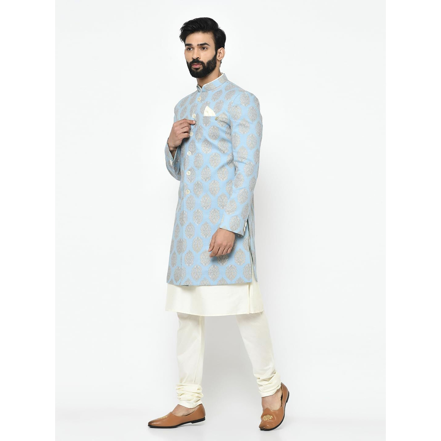 Kurta Sherwani Set For Men  Cotton Blend Printed Indo Western Kurta With Churidar | Designer Ethnic Outfit For Weddings & Festivals, Blue, 44