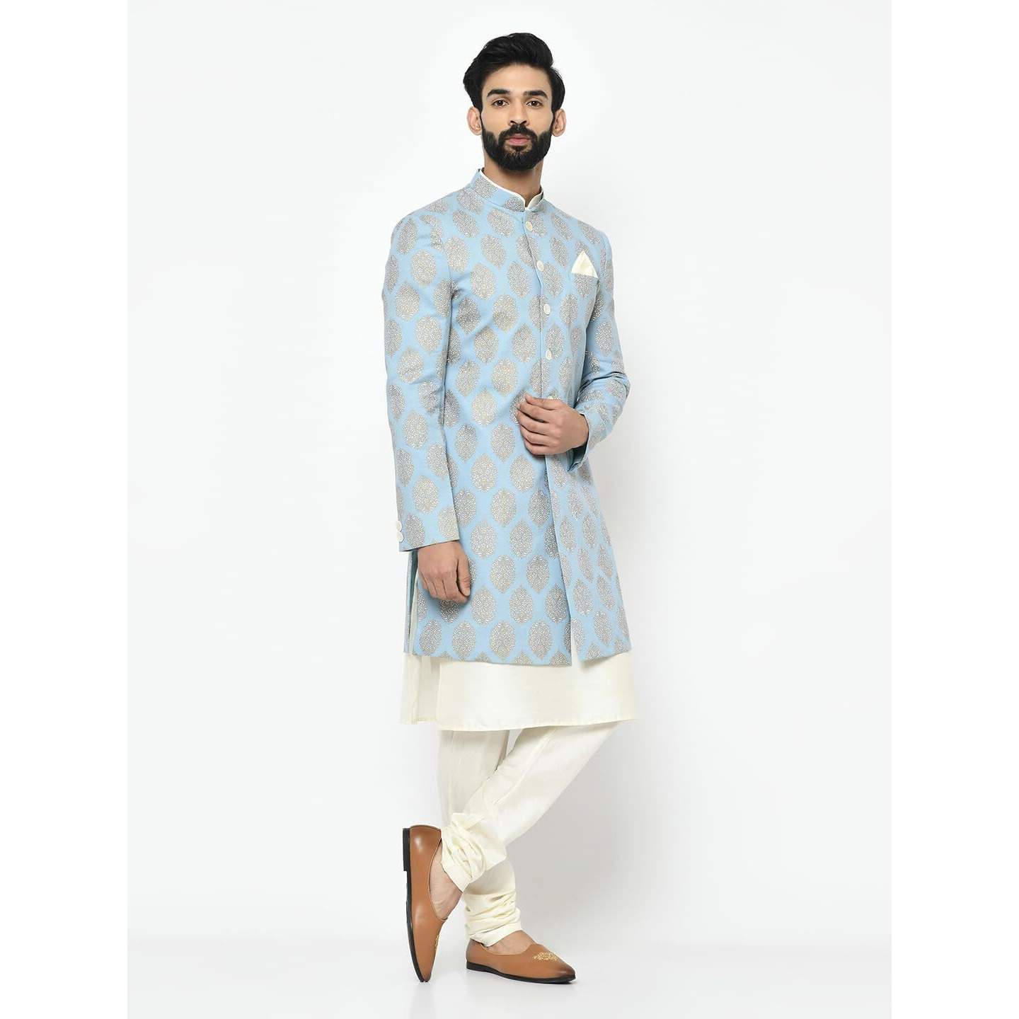 Kurta Sherwani Set For Men  Cotton Blend Printed Indo Western Kurta With Churidar | Designer Ethnic Outfit For Weddings & Festivals, Blue, 44