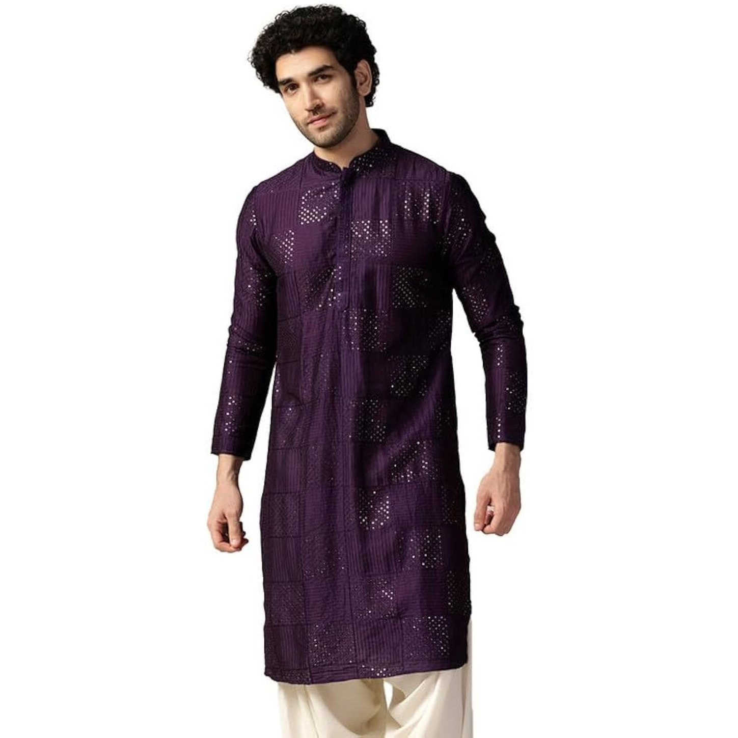 Kisah Men's Kurta, Purple Cotton, Embellished Regular Fit Mandarin Collar Long Sleeves (44)