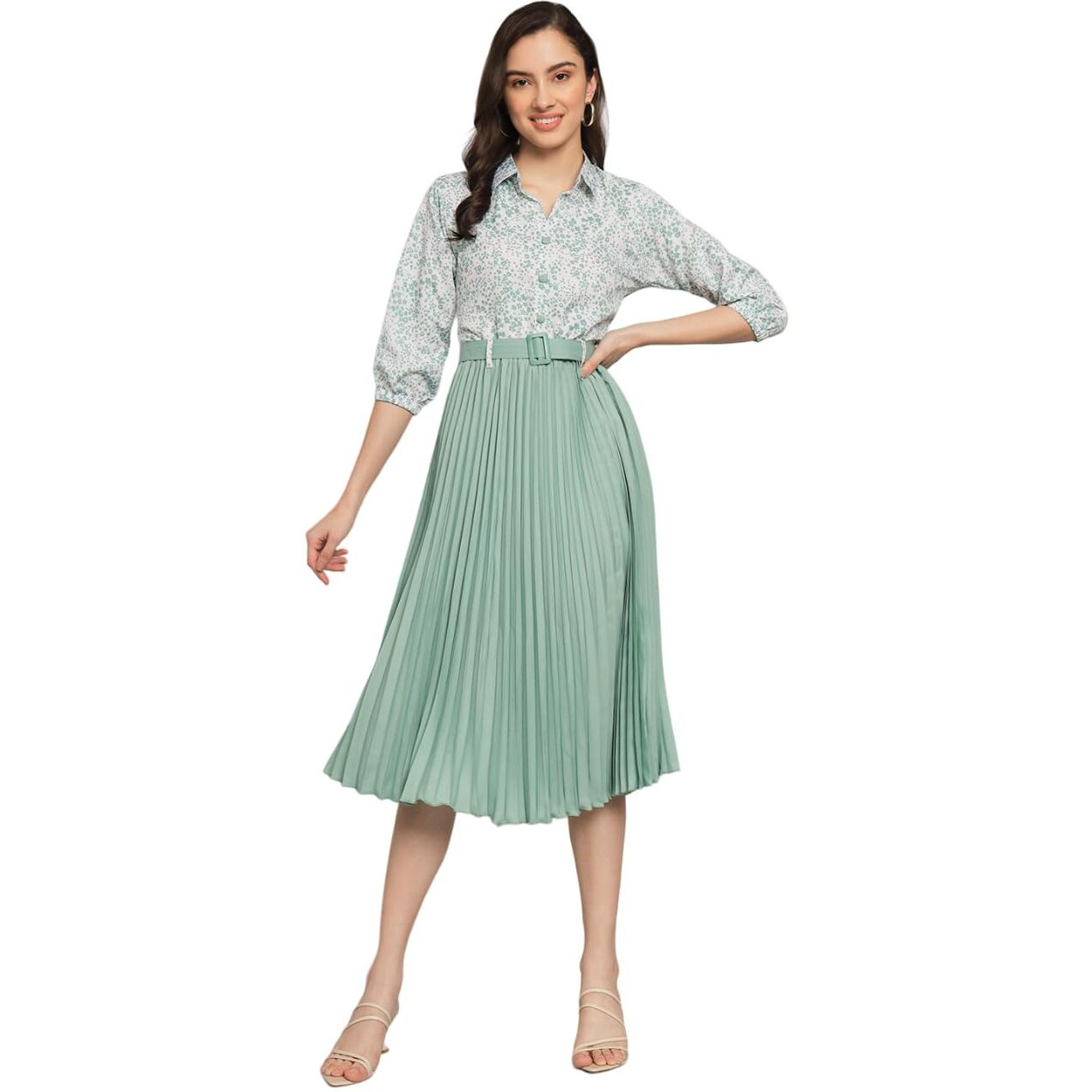 Kzully | Elegant A-Line Dress Collared V-Neck Top, Pleated Skirt With Elastic Waist, Includes Belt Pista