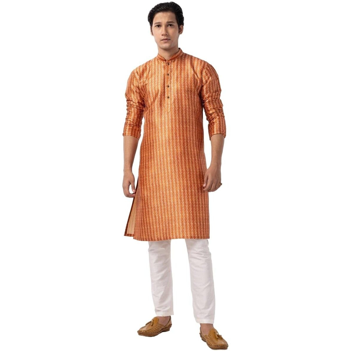 Lookmark Men's Cotton Blend Printed Long Kurta Suitable For All Indian Wedding, Occasions, And Festivals (Az-Lm-Og-Kurta 16-Xl) Orange