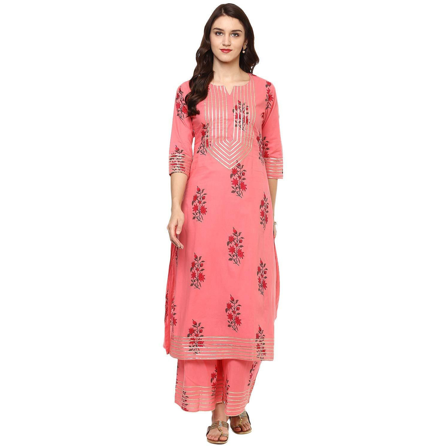 Idalia Coral Printed Straight Pure Cotton Kurta Set For Women 3/4 Sleeve, Round V Neck Designer Kurta With Palazzo Set For Women