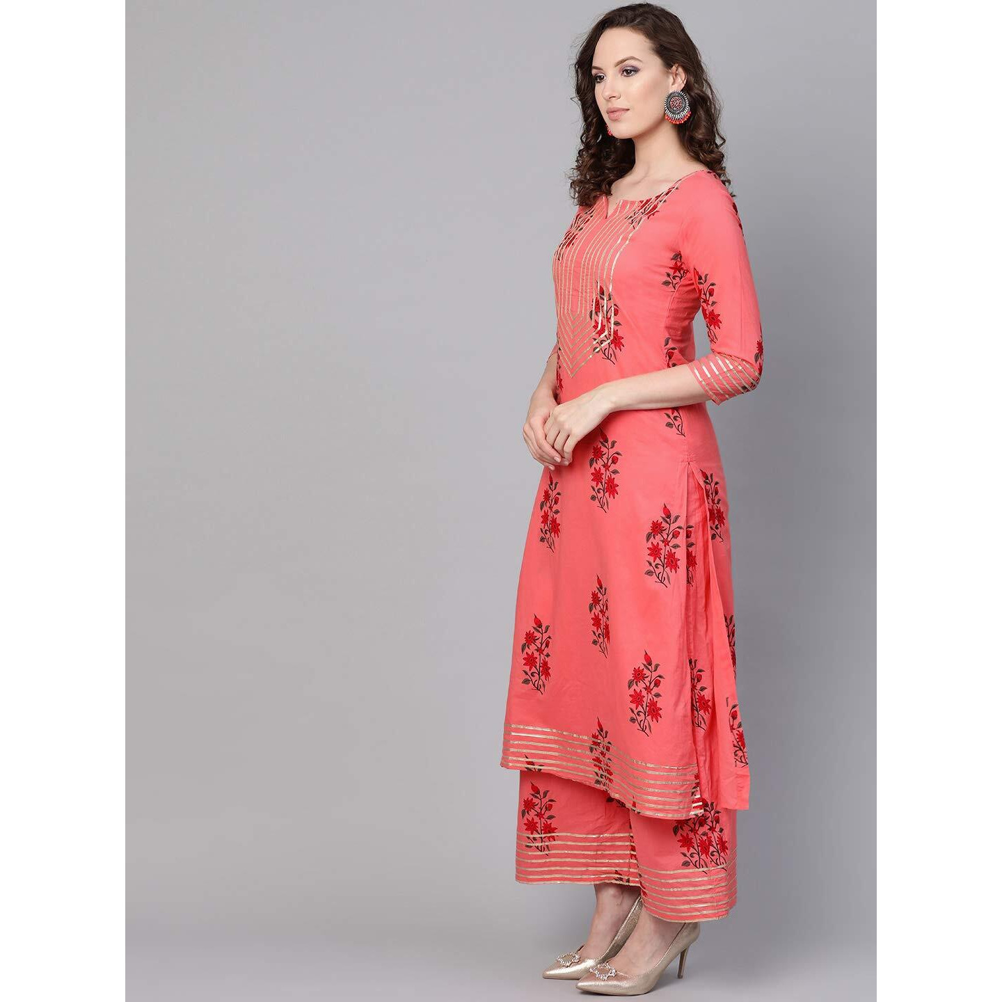 Idalia Coral Printed Straight Pure Cotton Kurta Set For Women 3/4 Sleeve, Round V Neck Designer Kurta With Palazzo Set For Women