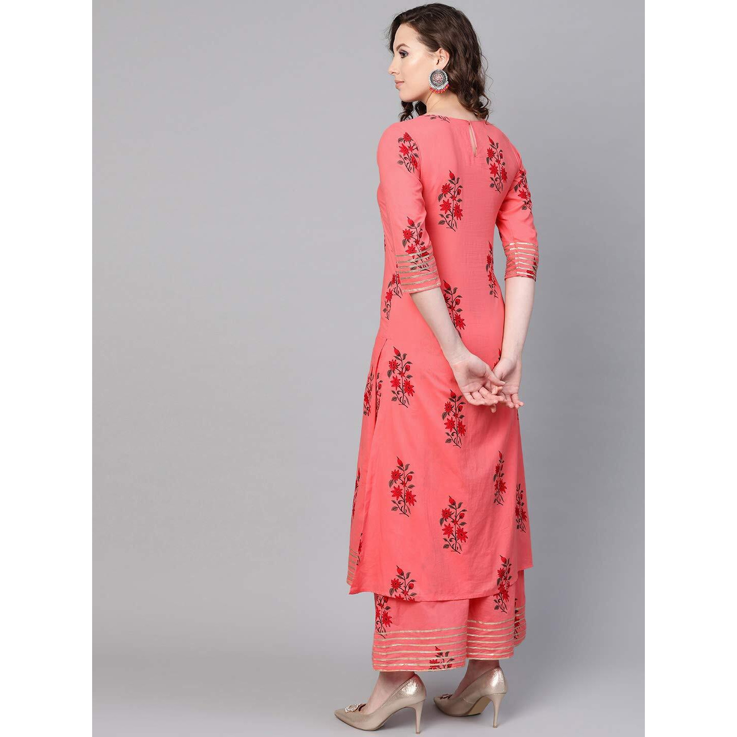 Idalia Coral Printed Straight Pure Cotton Kurta Set For Women 3/4 Sleeve, Round V Neck Designer Kurta With Palazzo Set For Women