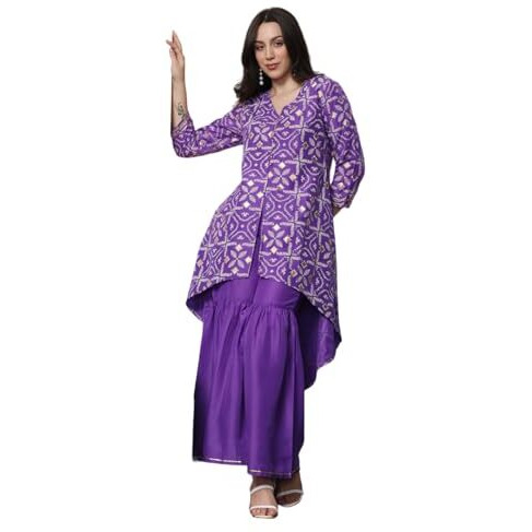 Ishin Geometric Printed V-Neck A-Line Kurta With Sharara