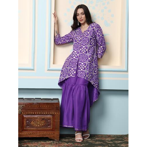 Ishin Geometric Printed V-Neck A-Line Kurta With Sharara