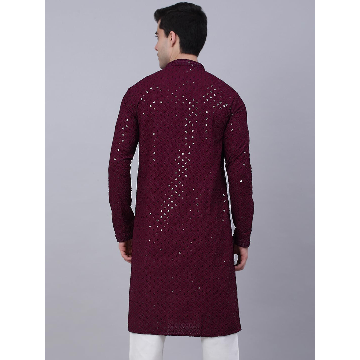 Jompers Men's Chikankari Embroidered And Sequence Kurtas (Purple, S)
