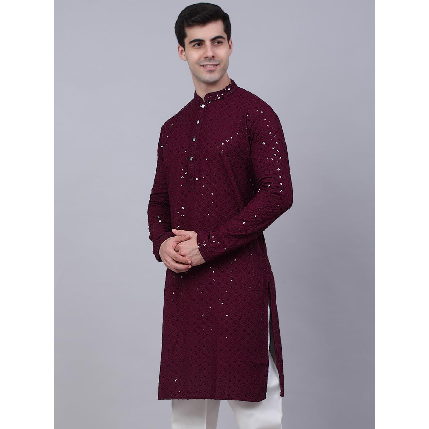 Jompers Men's Chikankari Embroidered And Sequence Kurtas (Purple, S)