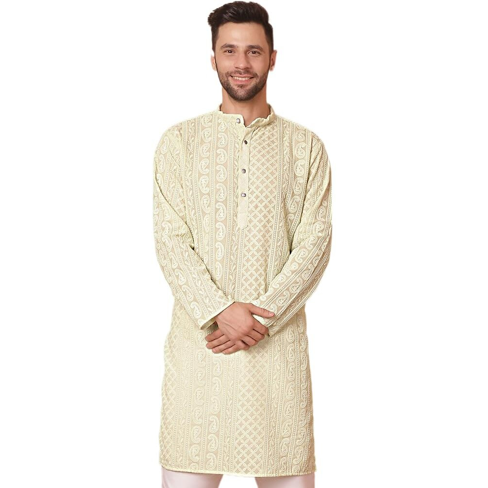 Jompers Men's Pista Chikankari Embroidered Kurtas. (Pista, S)