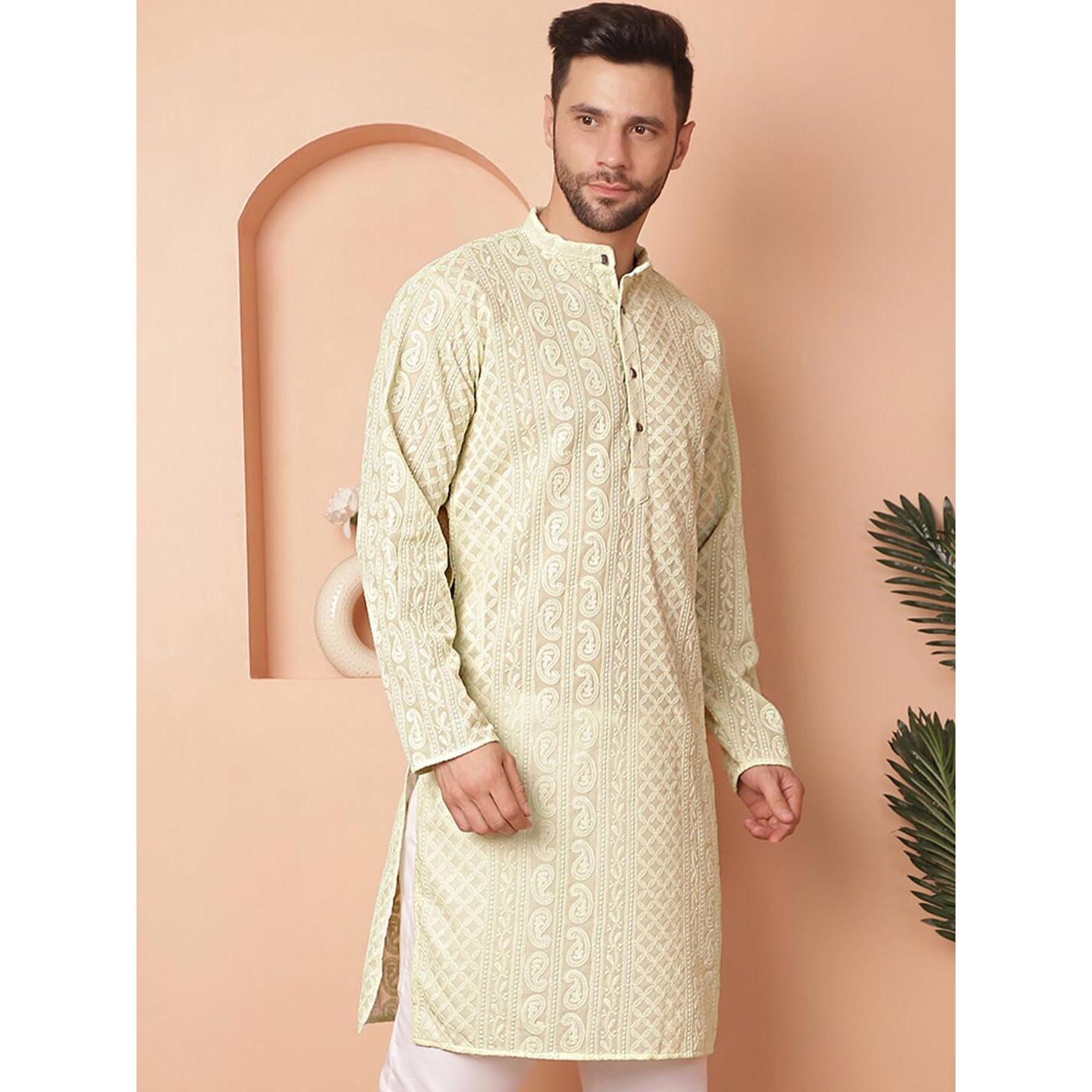 Jompers Men's Pista Chikankari Embroidered Kurtas. (Pista, S)