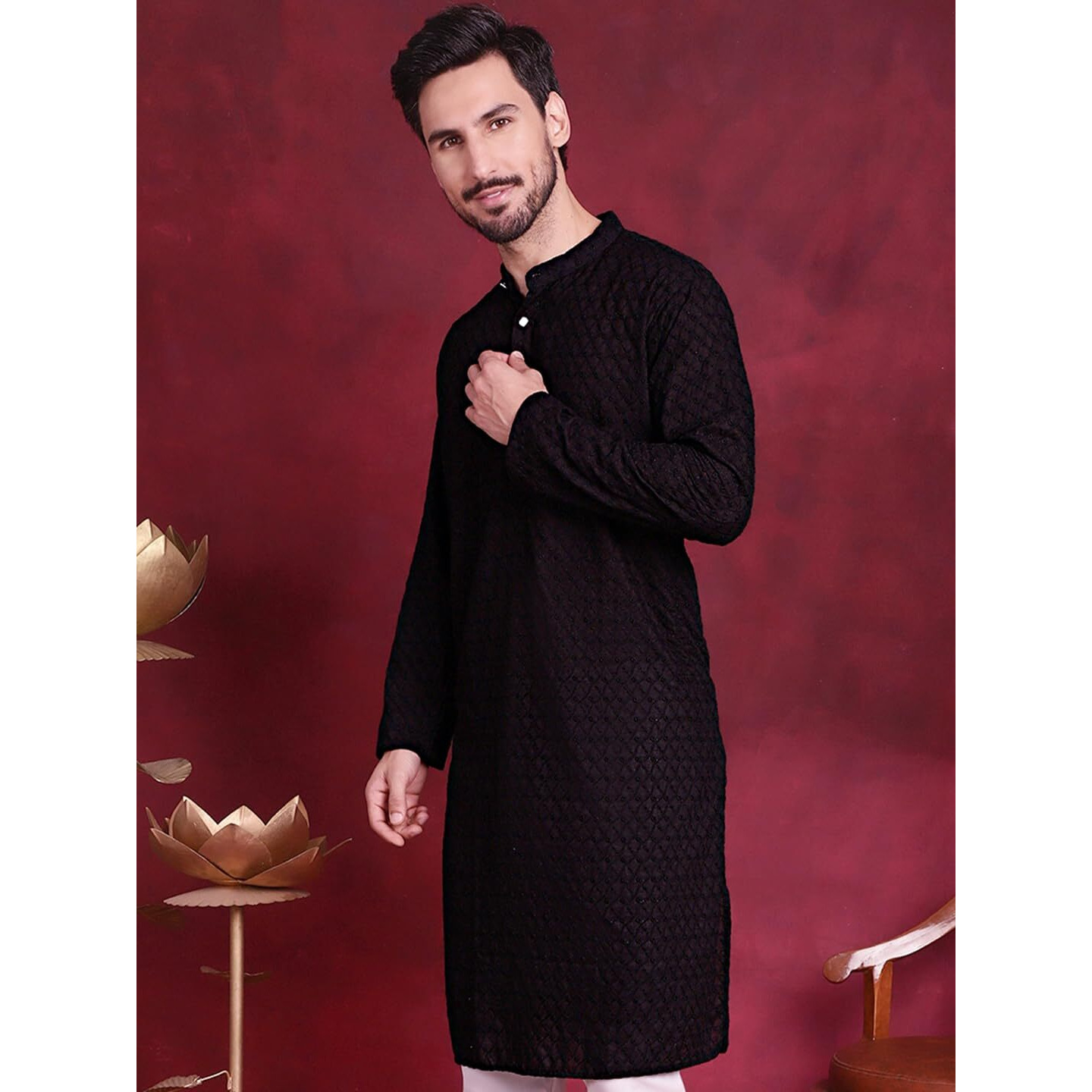Jompers Chikankari Pure Cotton Kurtas For Men (Black, M)