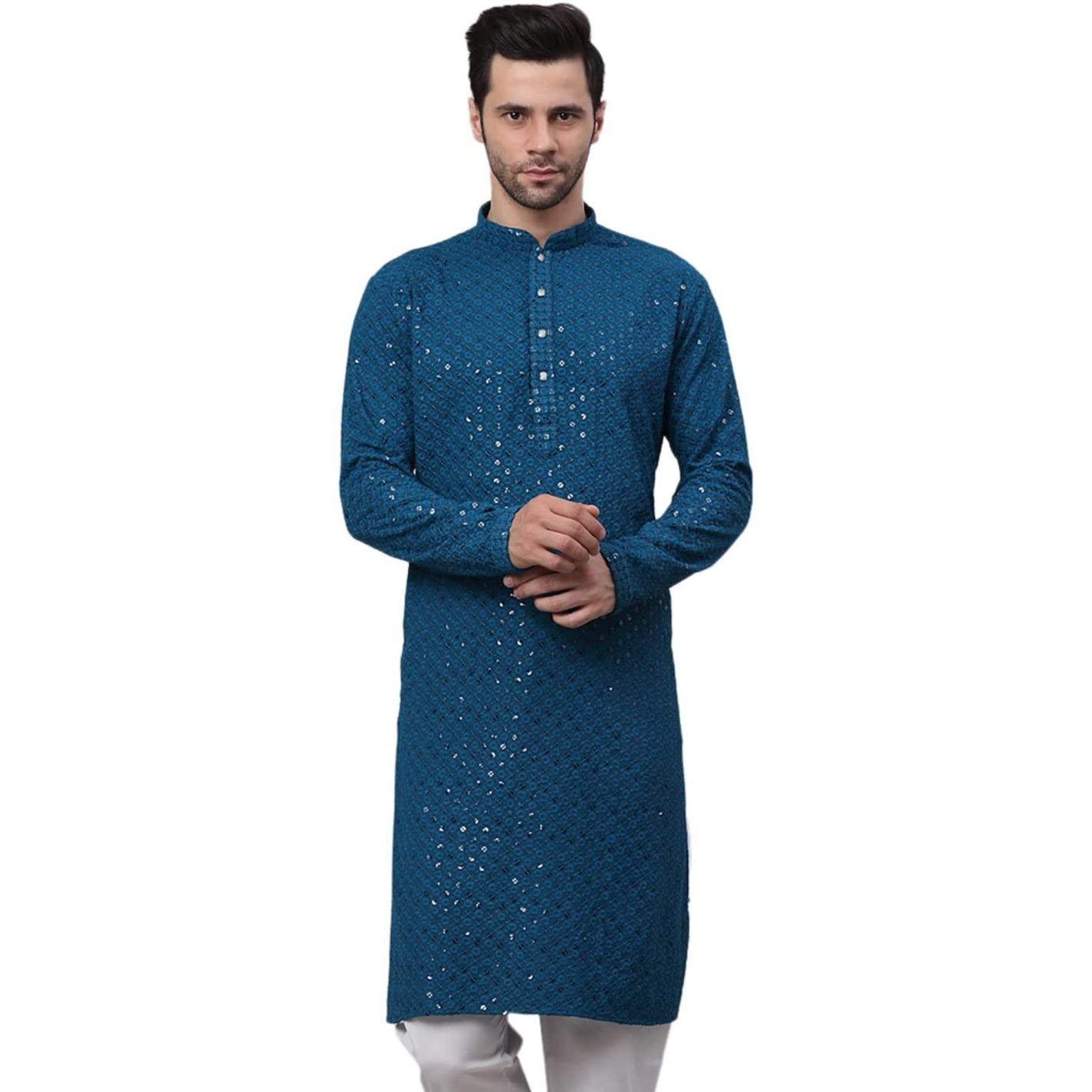 Jompers Men's Blue Chikankari Embroidered And Sequence Kurtas. (Peacock, Xxl)