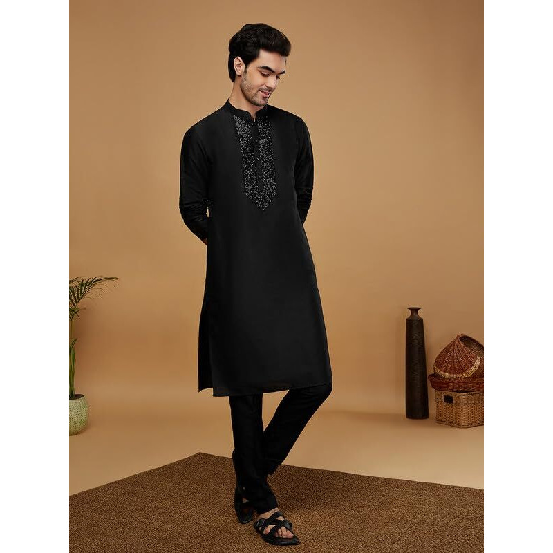 Kisah Men's Kurta Trouser Set, Black Cotton Blend, Embellished Regular Fit Mandarin Collar Long Sleeves (44)