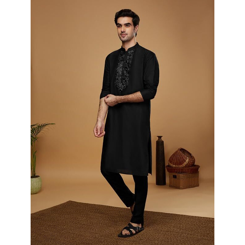 Kisah Men's Kurta Trouser Set, Black Cotton Blend, Embellished Regular Fit Mandarin Collar Long Sleeves (44)