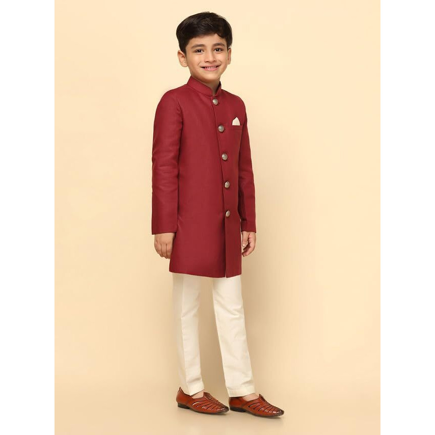 Kisah Boys Sherwani Set Indo-Western Cotton Blend Solid Dyed Design Indo-Western Sherwani Pajama Set For Kids, Maroon, 7-8 Years