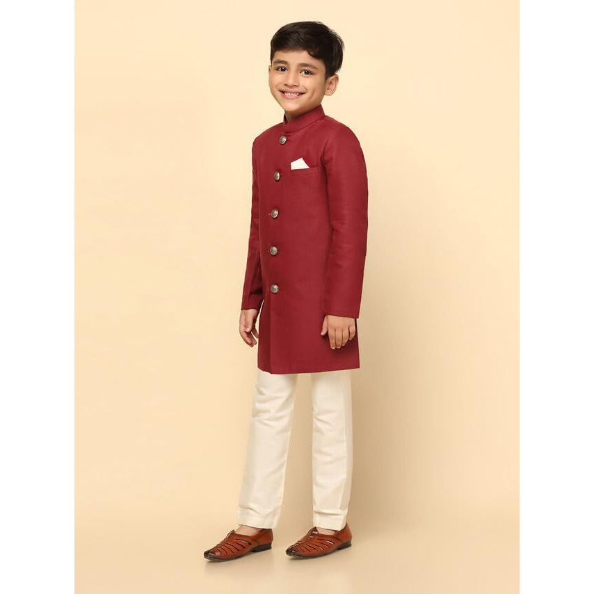 Kisah Boys Sherwani Set Indo-Western Cotton Blend Solid Dyed Design Indo-Western Sherwani Pajama Set For Kids, Maroon, 7-8 Years