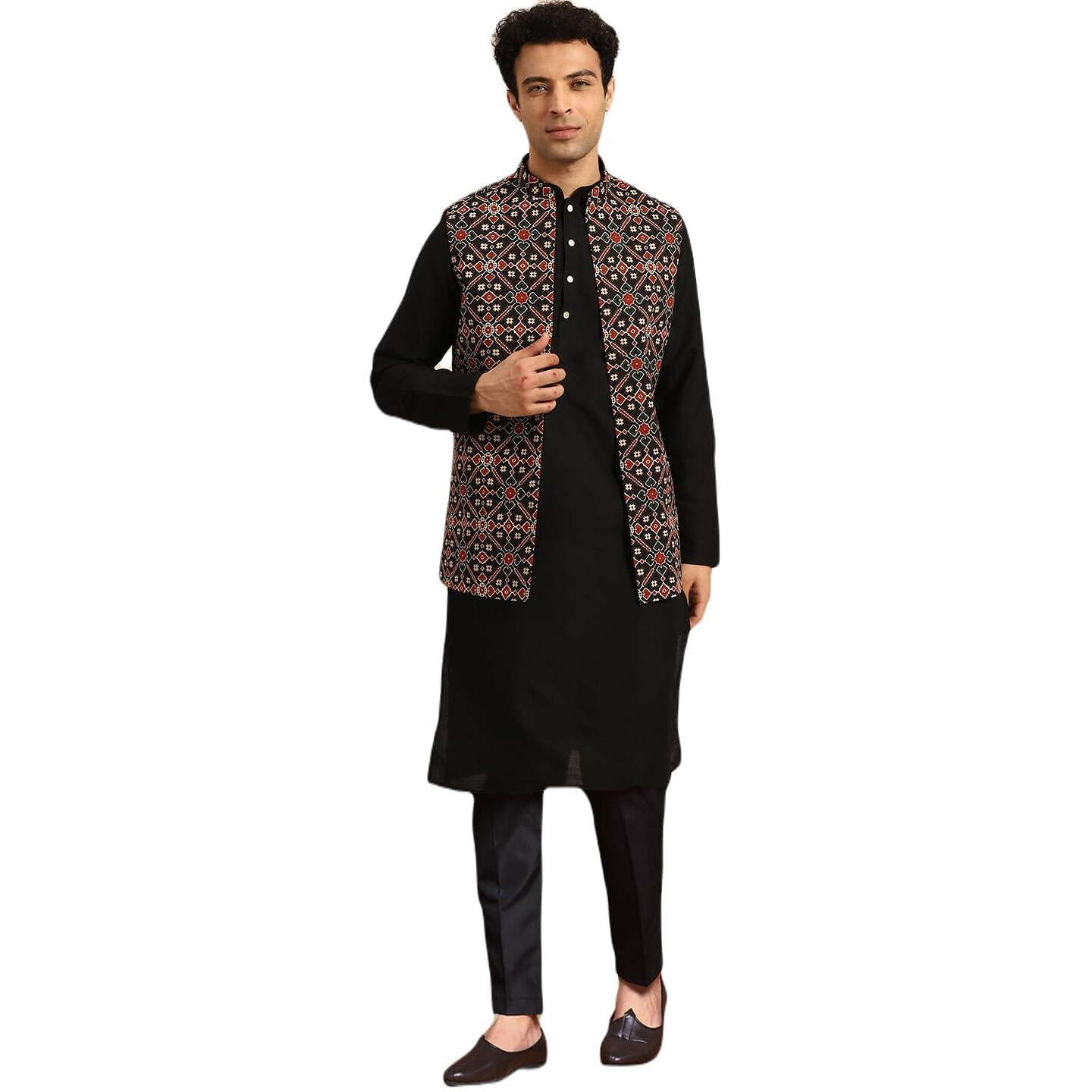 Kisah Men's Cotton Blend Full Sleeves Regular Fit Printed Black Kurta Jacket Trousers Set, 40