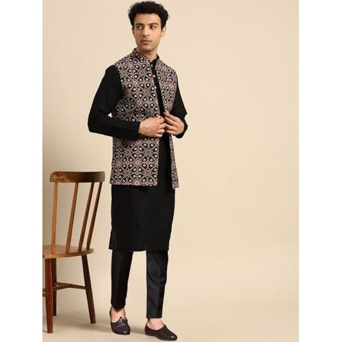 Kisah Men's Cotton Blend Full Sleeves Regular Fit Printed Black Kurta Jacket Trousers Set, 40