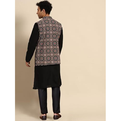 Kisah Men's Cotton Blend Full Sleeves Regular Fit Printed Black Kurta Jacket Trousers Set, 40