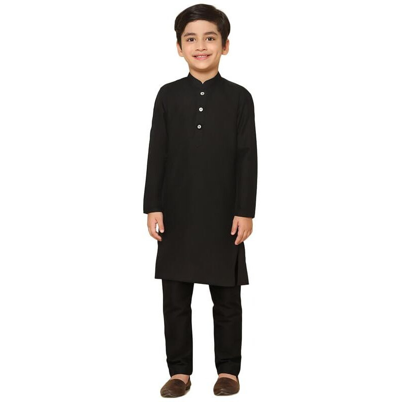 Kisah Boy's Kurta Pyjama Set, Black Cotton Blend, Solid Long Sleeves Regular Fit Mandarin Collar (9-10 Years)