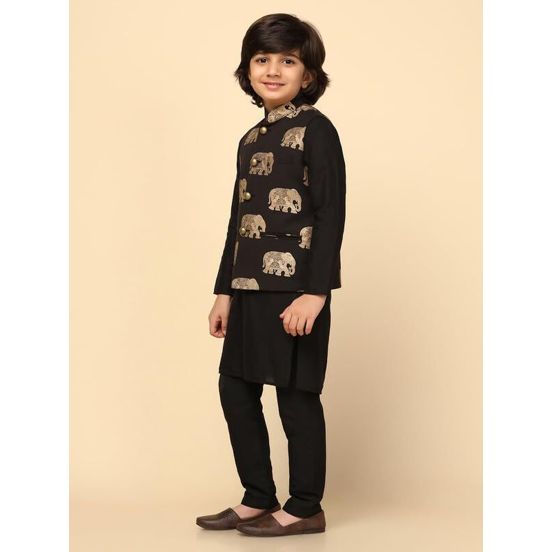 Kisah Boy's Kurta Pyjama Set, Black Cotton Blend, Solid Long Sleeves Regular Fit Mandarin Collar (9-10 Years)