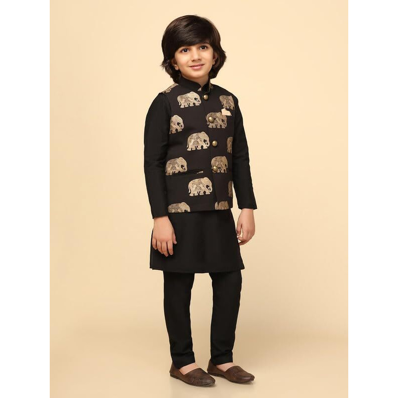 Kisah Boy's Kurta Pyjama Set, Black Cotton Blend, Solid Long Sleeves Regular Fit Mandarin Collar (9-10 Years)