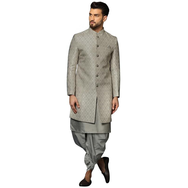 Kisah Men's Indo-Western Kurta Sherwani Dhoti Set, Grey Cotton Blend, Jacquard Regular Fit Mandarin Collar Long Sleeves (44)