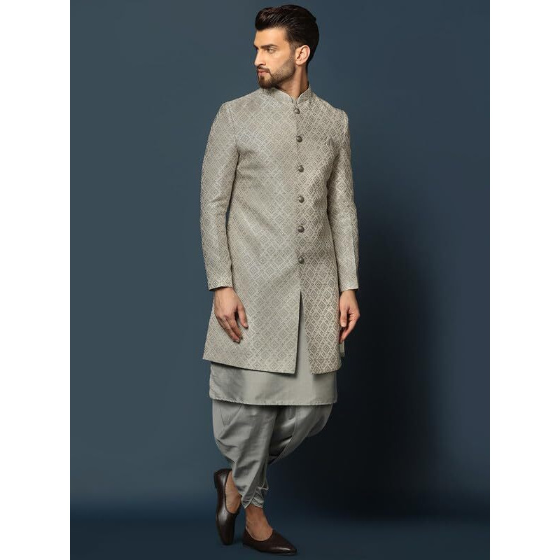 Kisah Men's Indo-Western Kurta Sherwani Dhoti Set, Grey Cotton Blend, Jacquard Regular Fit Mandarin Collar Long Sleeves (44)