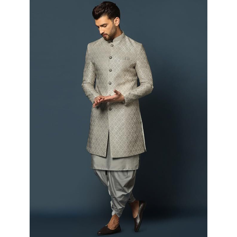 Kisah Men's Indo-Western Kurta Sherwani Dhoti Set, Grey Cotton Blend, Jacquard Regular Fit Mandarin Collar Long Sleeves (44)