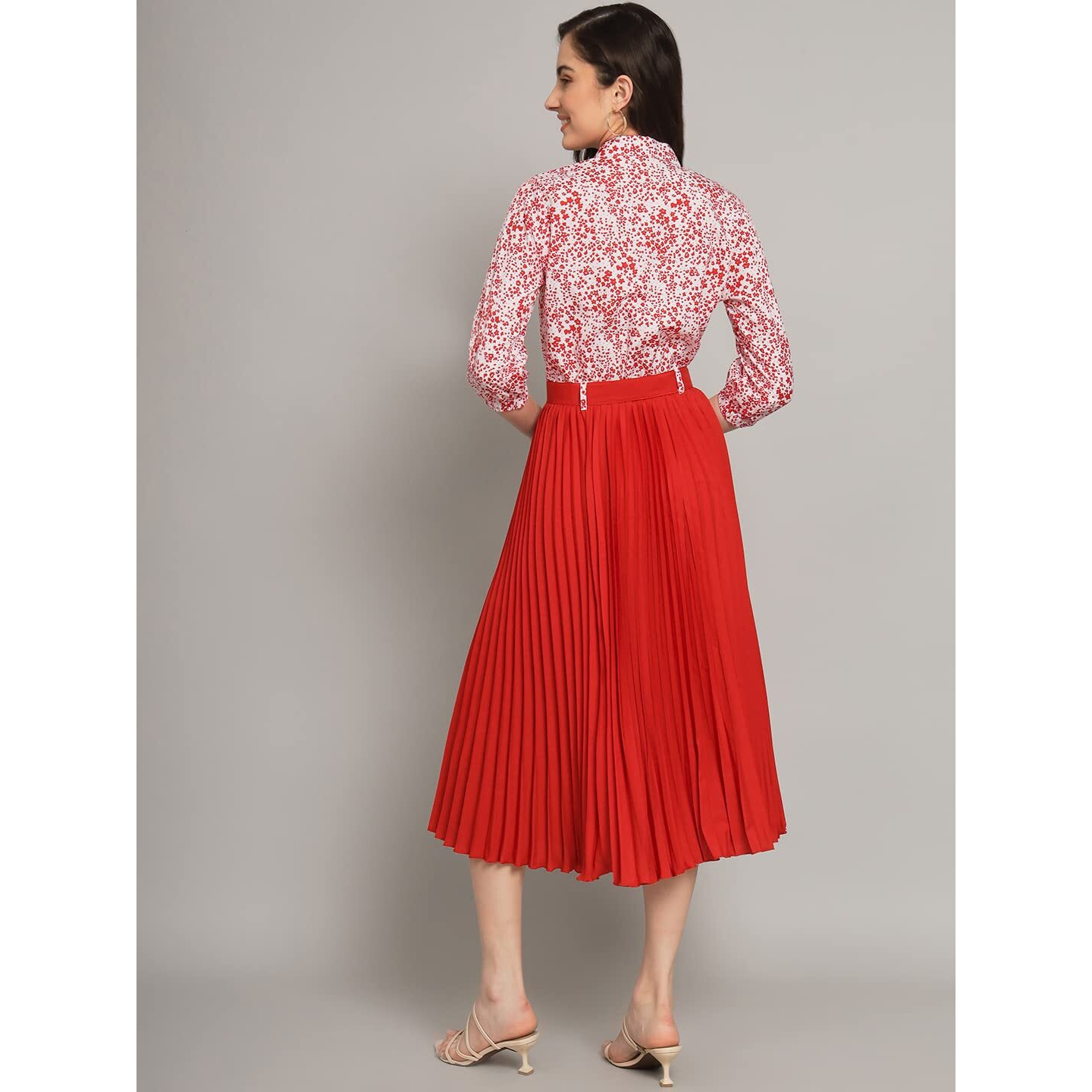 Kzully | Elegant A-Line Dress Collared V-Neck Top, Pleated Skirt With Elastic Waist, Includes Belt