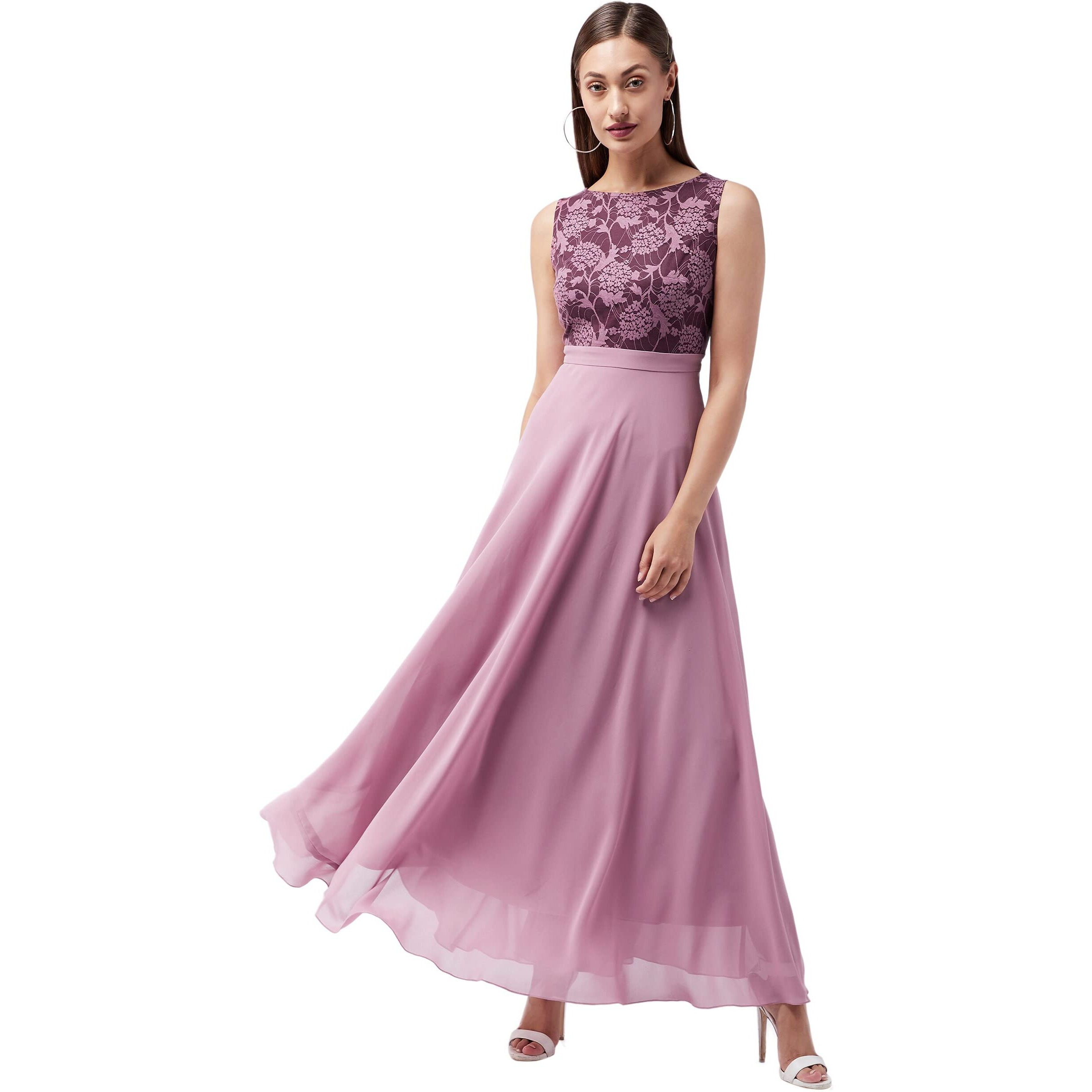 Miss Chase Women's Lavender Round Neck Sleeveless Solid Lace Overlaid Maxi Dress (Mcaw19D08-57-196-03,Lavender,S)