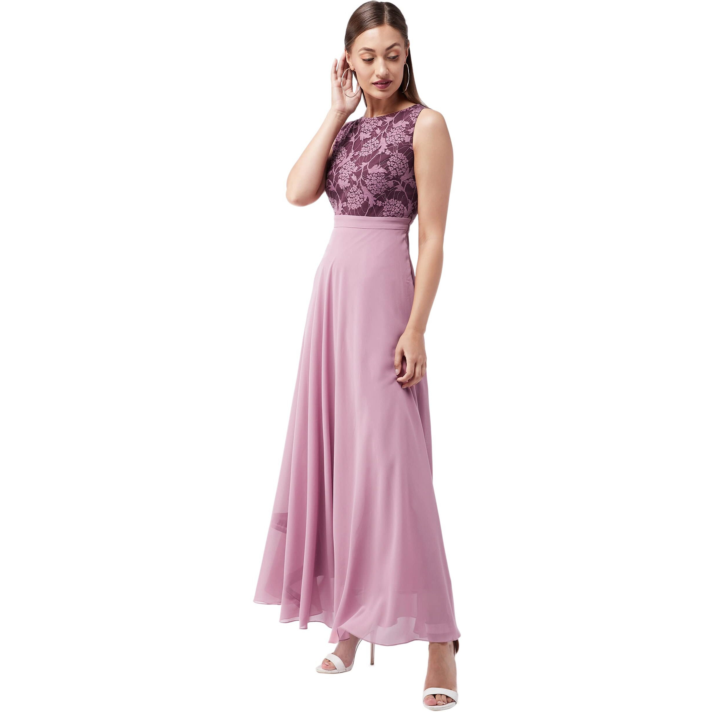 Miss Chase Women's Lavender Round Neck Sleeveless Solid Lace Overlaid Maxi Dress (Mcaw19D08-57-196-03,Lavender,S)