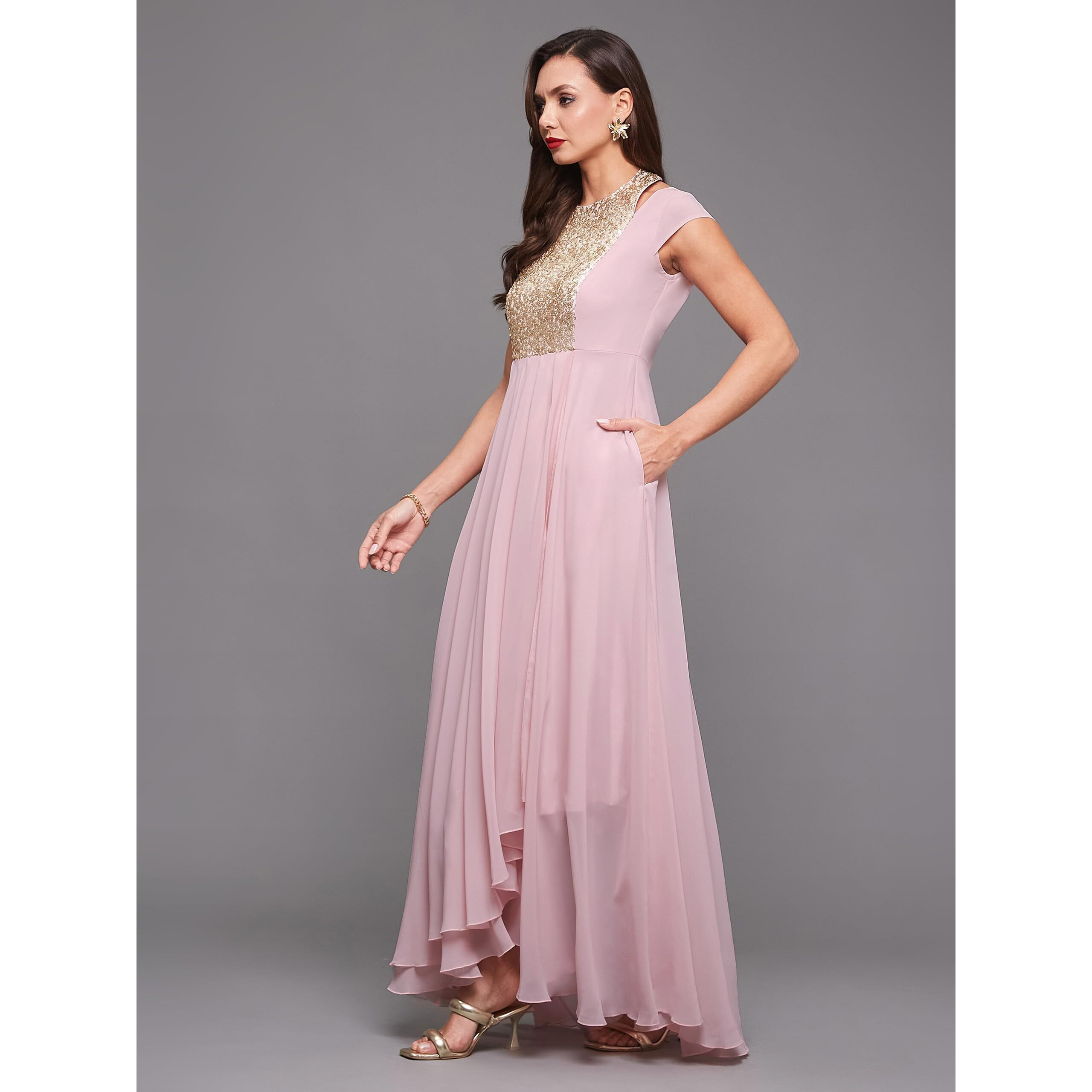 Miss Chase Women's Round Neck Cap Sleeve Solid Embellished Maxi Dress With Pockets (Mcaw21D99-57-234-02, Dusty Pink, Xs)