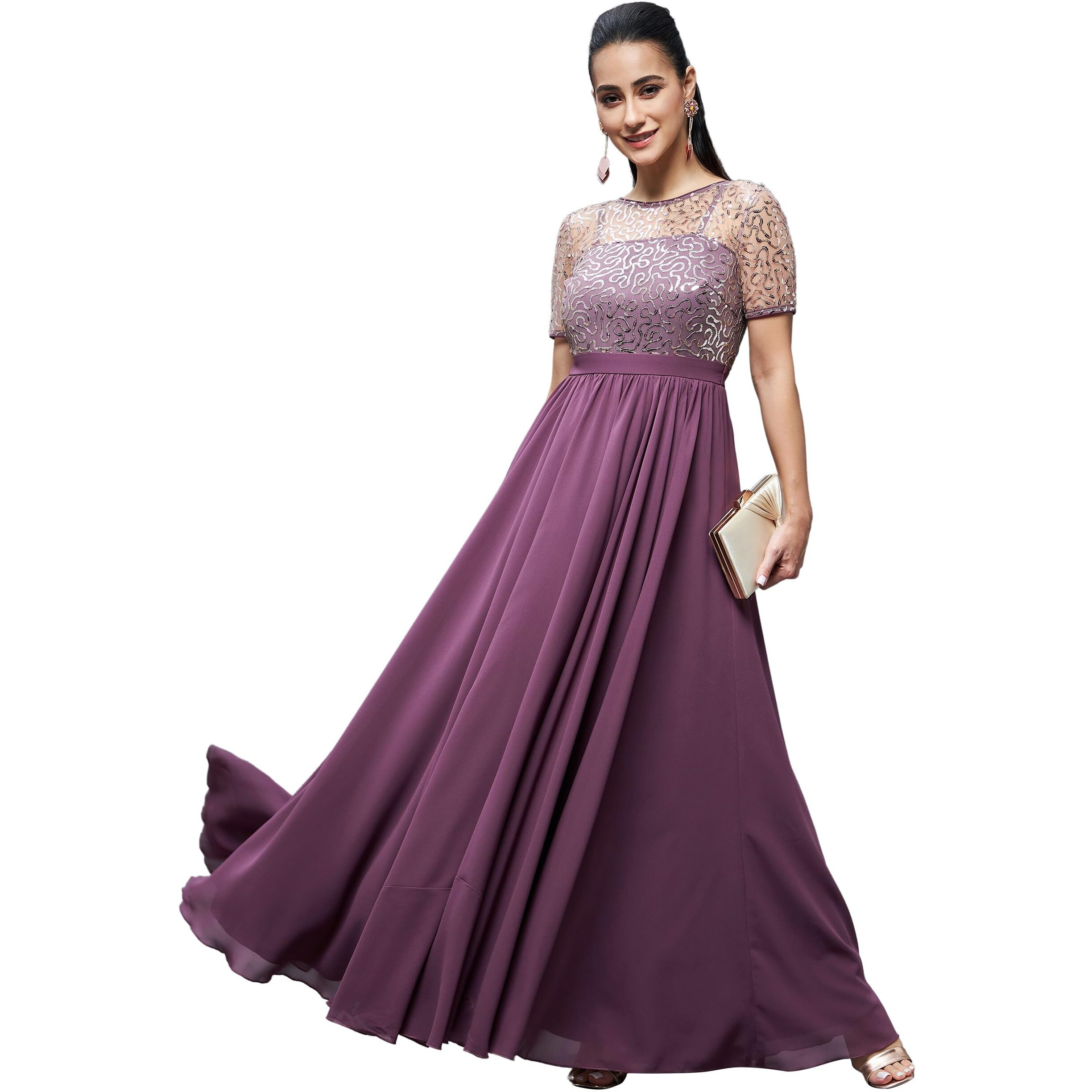 Miss Chase Women's Relaxed Fit Georgette & Sequins Maxi Dress (Mcss22D13-71-271-03, Mauve, S)