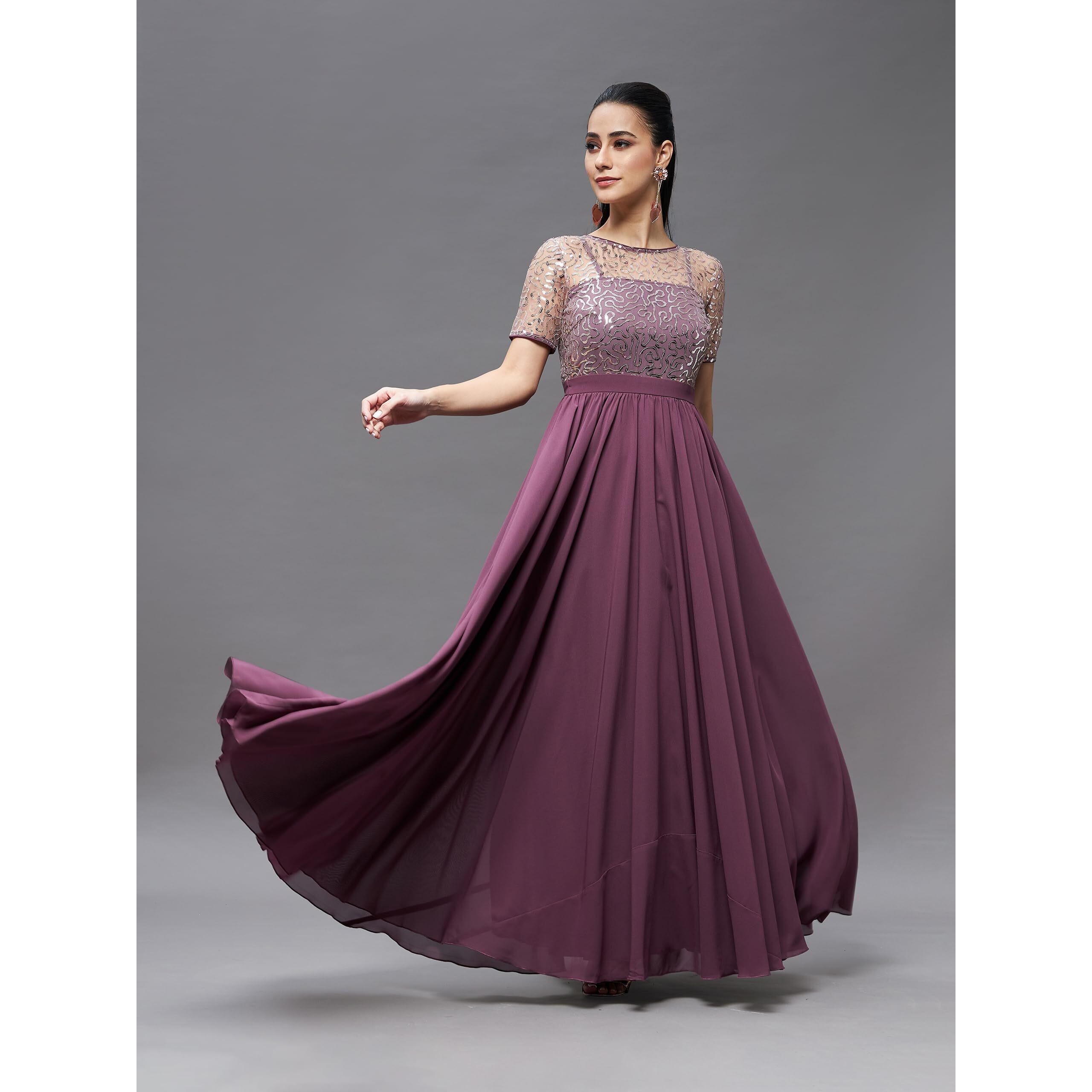 Miss Chase Women's Relaxed Fit Georgette & Sequins Maxi Dress (Mcss22D13-71-271-03, Mauve, S)