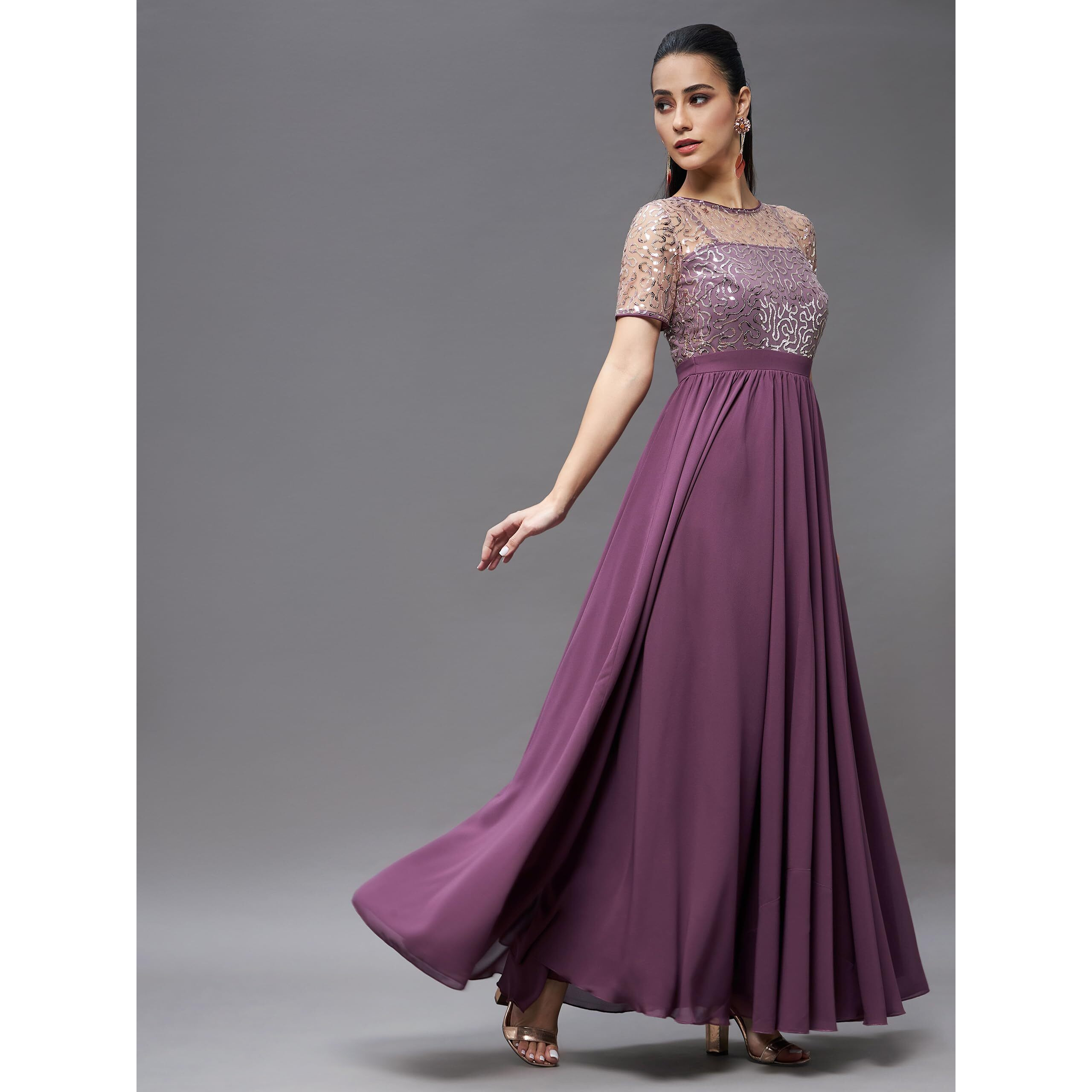 Miss Chase Women's Relaxed Fit Georgette & Sequins Maxi Dress (Mcss22D13-71-271-03, Mauve, S)