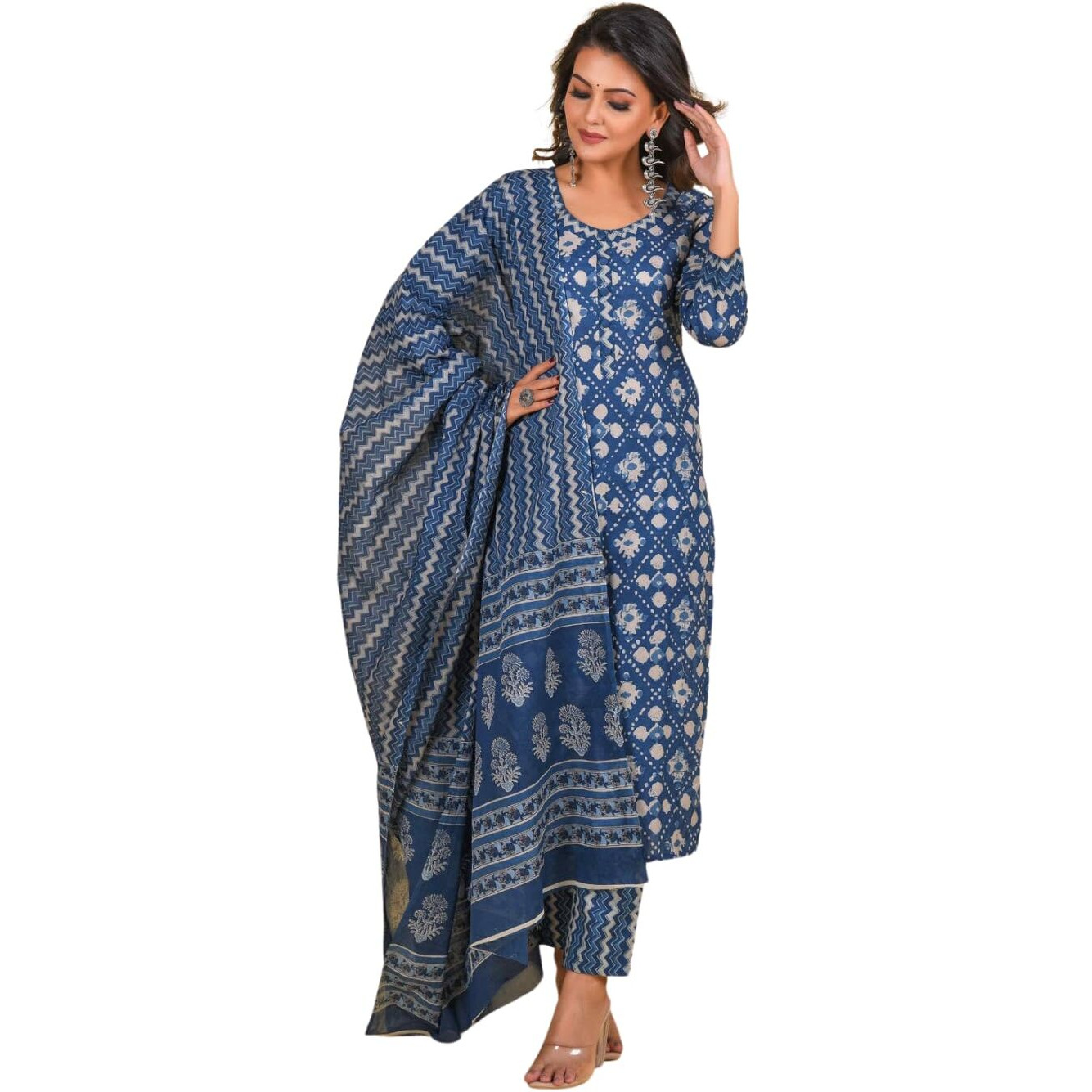 Nainvish Women's Viscose Rayon Printed Straight Round Neck Kurta Pant With Dupatta (Sd713_Kbd-M_Indigo)