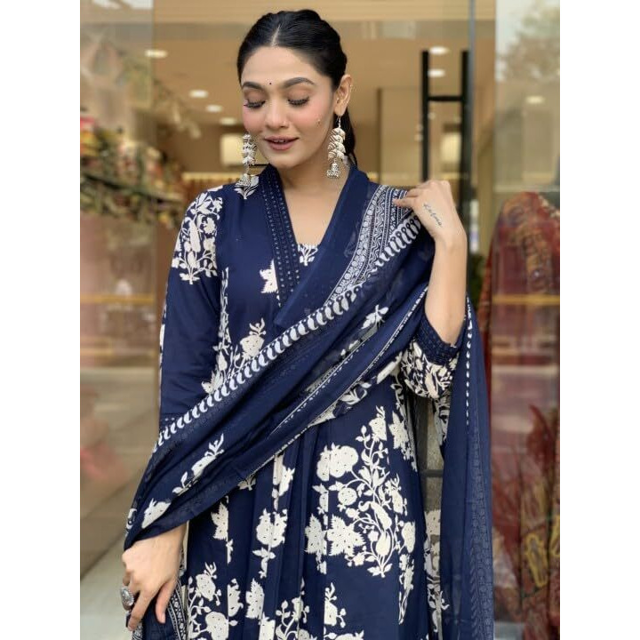 Nermosa Women Printed A-Line Kurta Pant With Dupatta (In, Alpha, S, Navy Blue)