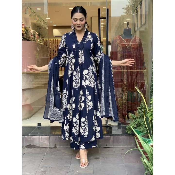 Nermosa Women Printed A-Line Kurta Pant With Dupatta (In, Alpha, S, Navy Blue)